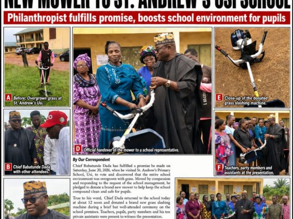 HON. BABATUNDE DADA DONATES BRAND-NEW GRASS-CUTTING MACHINE TO ST. ANDREW’S SCHOOL, USI-EKITI